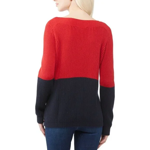 TOMMY HILF. Cate Boat Neck Red Navy Color Block Cable Knit Sweater S - Picture 3 of 10